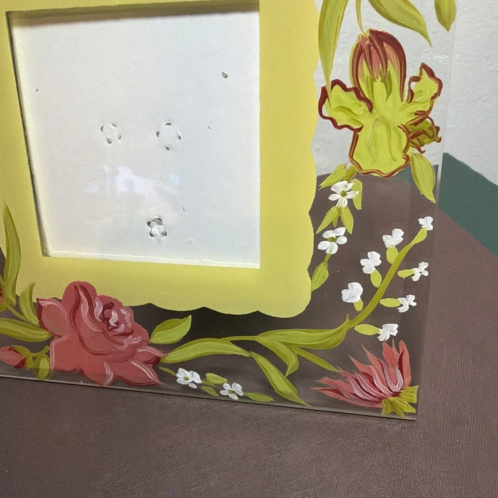 Hand Painted Mackenzie Childs Style Pink Floral Glass Table Top Picture Frame